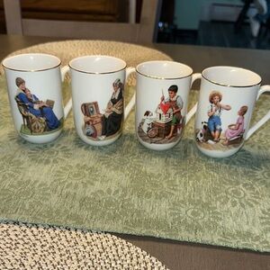 Set of 4 White Porcelain Mugs with Gold Trim and Colorful Vintage Illustrations